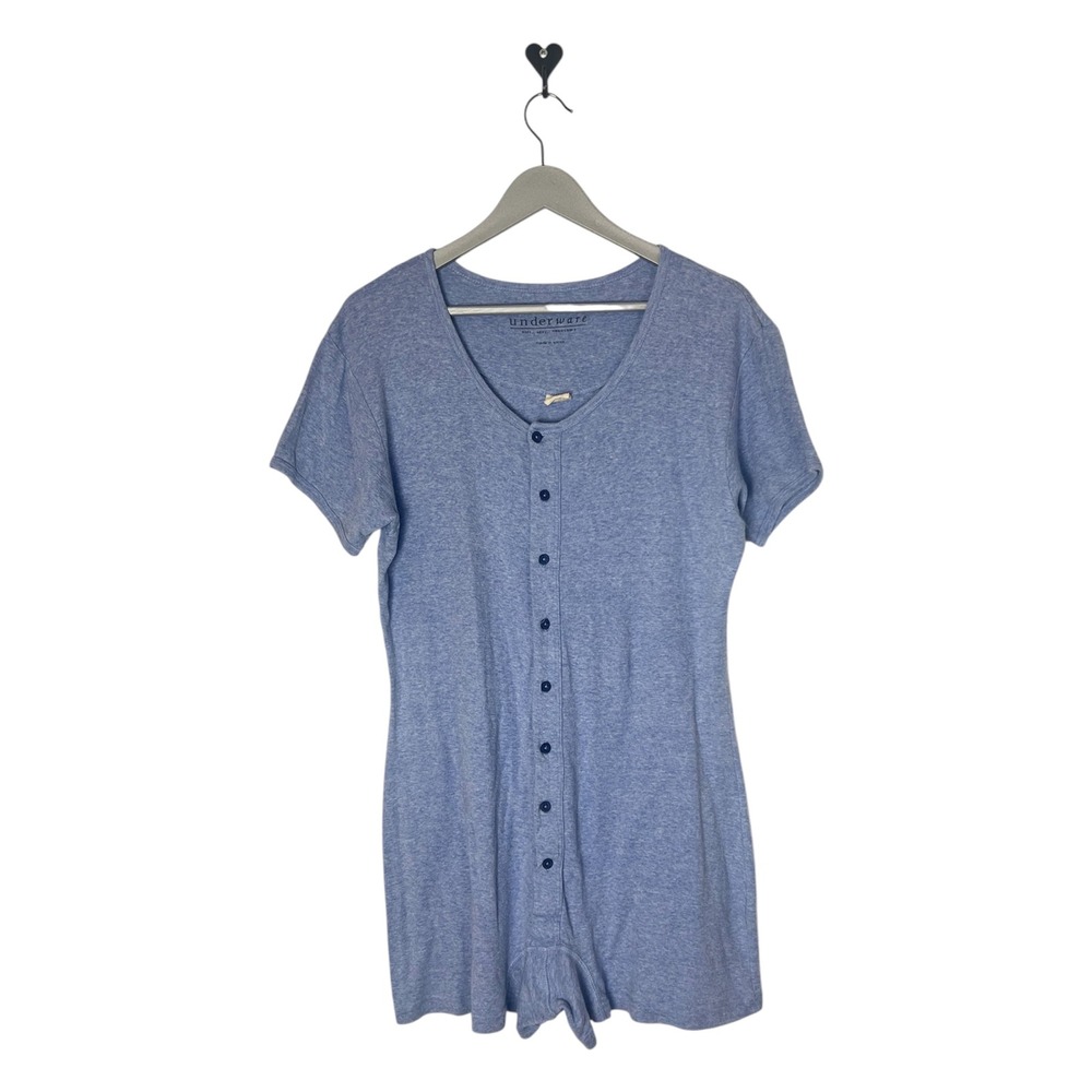 Vintage Victoria's Secret Underware Blue Cotton Button Front Romper Sleepwear L
